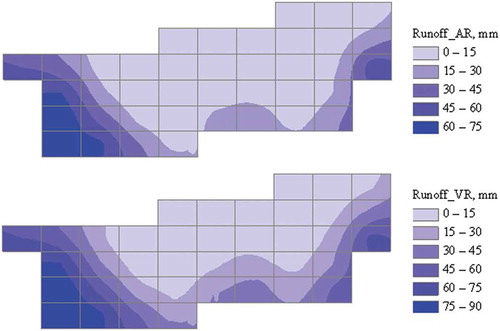 Fig. 7 Map showing distribution of annual runoff for AR and VR soil types across the study region (see Fig. 1 for location of study region in Sudan).