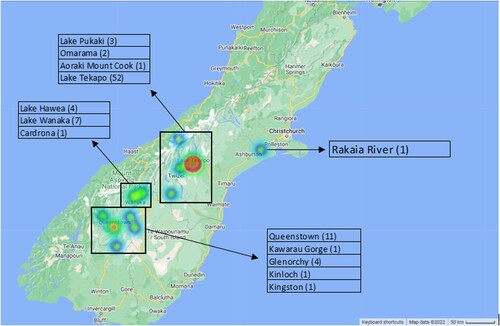 Figure 4. Geolocation data for 94 posts containing Russell lupin (Note: no. in brackets = no. of posts per location; geolocation data not available for 4 posts) (Map source: Maptive).