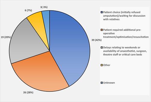 Figure 1 A pie chart outlining the reasons for delays in performing amputation in our institution (N=93).