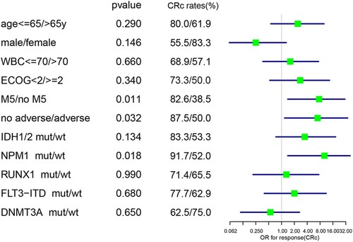 Figure 3. Subgroup analysis of composite complete remission (CRc) based on clinical characteristics and gene mutations.