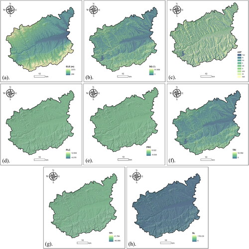 Figure 6. Topographic parameters. (a) ELE; (b) SG; (c) ASP; (d) PLC; (e) PRC; (f) TRI; (g) TPI; (h) SL.