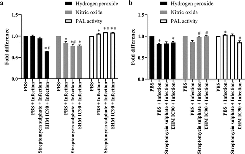 Figure 5. Effect of various treatments on defence molecules in plants infected with (a) Ralstonia solanacearum (RS) and (b) Xanthomonas axonopodis pv vesicatoria (Xav) hydrogen peroxide, nitric oxide and PAL activity were expressed in terms of fold difference. The study was conducted using leaf tissue homogenate. All the experiments mentioned above were performed independently three times in triplicates. Data shown reflect the mean ± standard error mean. (*) and (#) represent p < 0.05 in comparison to control group and infected group respectively.