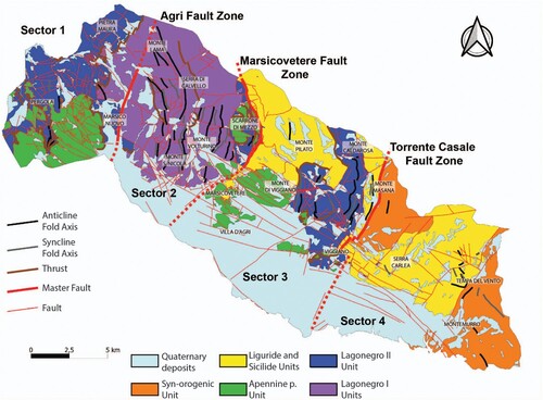 Figure 4. Structural sketch map of the northeastern side of the Agri Valley showing the outcropping tectonic units and the main structures recognized in the area. Three main structures, represented by the Agri, Marsicovetere, and Torrente Casale fault zones respectively, allowed recognizing four distinct structural sectors.