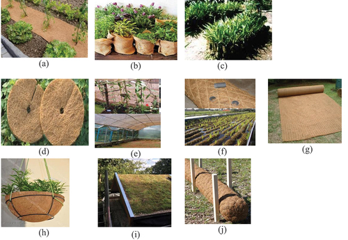 Figure 1. Jute agrotextile: (a) Mulch mats; (b) Jute bags; (c) Jute sleeves (Bhavani, Mallikarjun, and Sunilkumar Citation2017); Coir agotextiles: (d) Mulch mats; (e) Net; (f) Bio rolls; (g) Erosion control blanket; (h) Basket liners; (i) Roof green mat; (j) Logs (Ravindranath Citation2016).