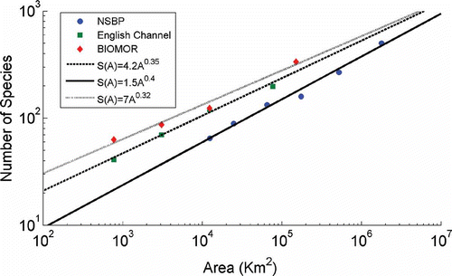 Figure 1. Species–area relationship log–log plot for the North Sea, English Channel and Irish Sea–Outer Bristol Channel data sets: S(A)=1.5A–0.4 for the North Sea, S(A)=4.2(A)0.35 for the English Channel and S(A)=7(A)0.32 for the Irish Sea–Outer Bristol Channel.