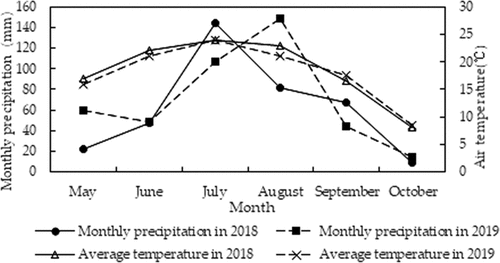 Figure 1. Average temperature and precipitation from May to October of 2018 and 2019 in the western area of Jilin province, China (data from China Meteorological Administration)