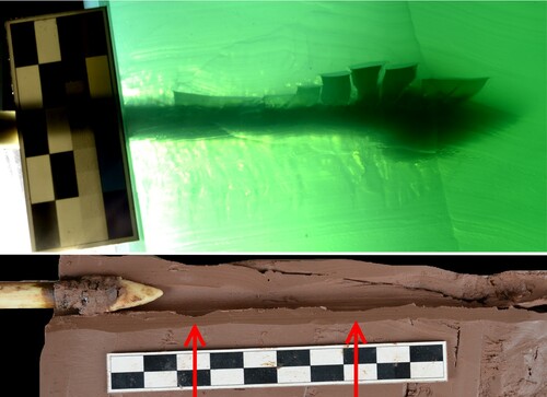 Figure 10. Above: Radial fissures in gel targets (projectile no.03_03). Below: Revolution arc-shaped traces in clay target. Arrows present features of projectile revolution (projectile no. 09_17).