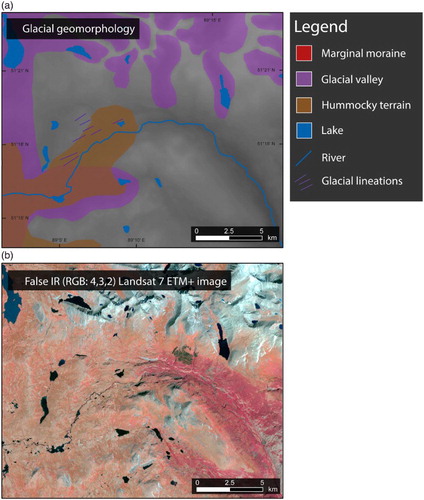 Figure 5. Glacial lineations in the northern Russian Altai (see Fig. 2 for location). (a) Mapped landforms. (b) False IR Landsat 7 ETM+ image.