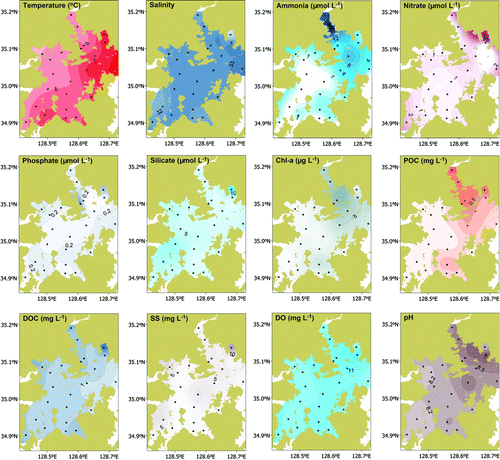 Figure 2  Spatial distributions of temperature, salinity, ammonia, nitrate, phosphate, silicate, chlorophyll a, POC, DOC, SS, DO and pH in the surface waters of Jinhae Bay in winter.