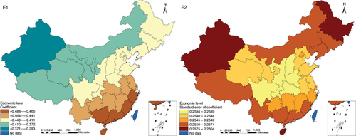Fig. 7 Spatial heterogeneity for coefficients of economic level impacting on TB prevalence (E1: coefficient; E2: standard error of coefficient).