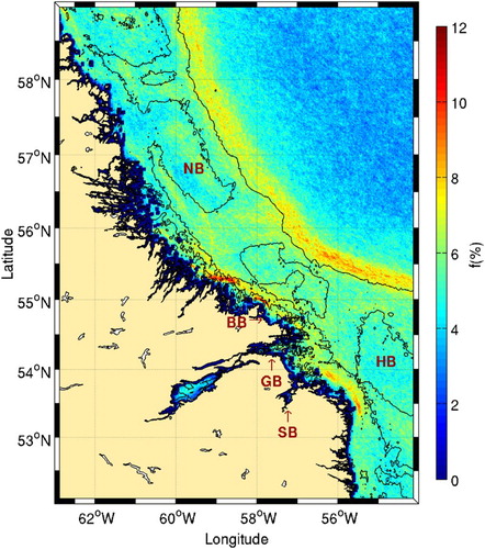 Fig. 4 Mean frontal frequency (1986–2010) for the southern Labrador Shelf. The 50, 200, and 1000 m isobaths are shown. Locations of Nain (NB) and Hamilton (HB) banks and Byron (BB), Groswater (GB) and Sandwich (SB) bays are shown.