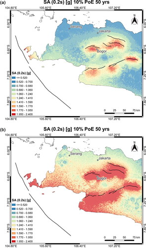 Figure 7. The seismic hazard map for mean SA (0.2s) including local site conditions that correspond to (a) 475-year return periods and (b) 2475-year return periods (equivalent of a 10% and 2% probability of exceedance (PoE) in 50 years).