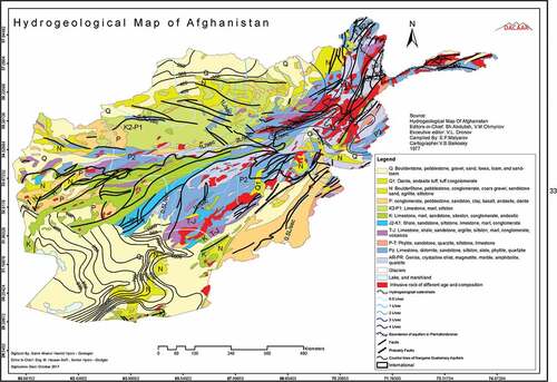 Figure 5. Hydrogeological map of Afghanistan. Compiled by Malyarove and digitized by Hamidi and Saffi in 2017 (Saffi et al. Citation2019).Source: Hydro-geological booklet Sar-i-Pul province. Saffi et al, Danish Committee for Aid to Afghan Refugees. Kabul, Afghanistan. p.44, 2019. with permission from Saffi M.H.