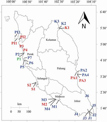 Figure 1. Map of sampling sites. Red label indicates fish farm, blue label indicates prawn/shrimp farm and green label indicates prawn and fish farm