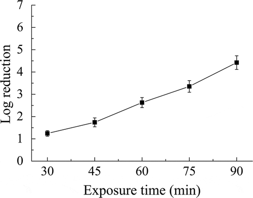 Figure 4. Individual effect of exposure time on the inactivation of B. subtilis subsp. niger spores using ClO2 gas. Gas concentration = 2 mg/L; RH = 50%.