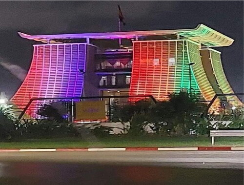 Figure 2. Picture of the colorful lights display on the Jubilee House (Source: ghanaweb.com).