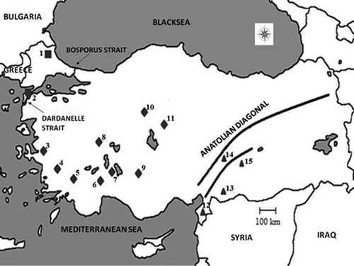 Figure 1. Locations of Guentheri Group species samples in Turkey. 1: Kırklareli; 2: Gelibolu-Çanakkale; 3: İzmir; 4: Aydın; 5: Denizli; 6: Burdur; 7: Isparta; 8: Afyon; 9: Konya; 10: Ankara; 11: Kırşehir; 12: Hatay; 13: Kilis; 14: Kahramanmaraş; 15: Adıyaman. Squares indicate the Turkish Thrace population, diamonds indicate western Anatolia, and triangles indicate southeastern Anatolia.