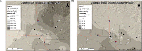 Figure 2. Map depicting pattern of average 2009 pollution concentrations in metropolitan Phoenix. (a) O3 concentrations and monitoring stations. (b) PM10 concentrations and monitoring stations. Note that though the map differentiates between MCAQD and other agency monitoring stations, this ordinary kriging interpolation was created from all stations.