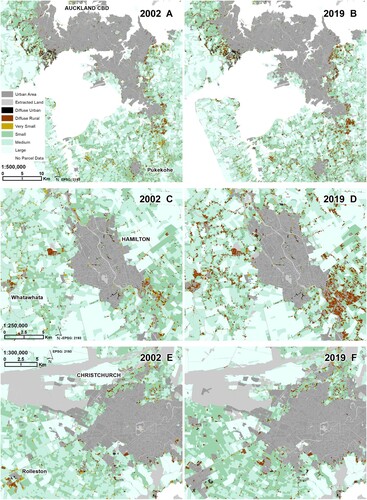 Figure 2. Change in urban areas and parcel size classes, with or without a dwelling, for selected areas in Auckland (A and B), Waikato (C and D) and Canterbury (E and F) in 2002 and 2019. ‘Extracted land’ is that per analytical steps 1, 3 and 4 and ‘urban area’ is that per step 2 in Table 1. CBD denotes central business district.