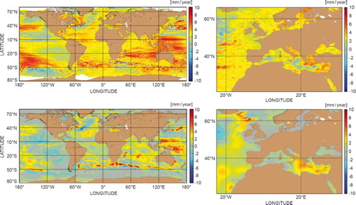 Figure 12. Spatial distribution of the total (top) and thermosteric (0–700 m) (bottom) sea level trends during 1993 – December 2015 (in mm/yr) over the global ocean (left) and the European Seas (right). No GIA correction has been applied on the altimeter data. See Table 1 for the definition of the dataset.