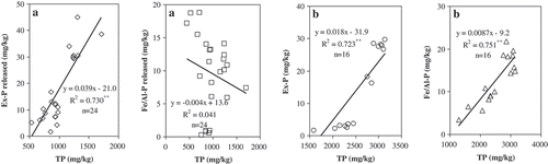 Figure 5. The relationship between the P released of different P forms and TP contents in the sediments (a: domestic sewage polluted area, b: phosphate rock mining and phosphate fertilizer application area).