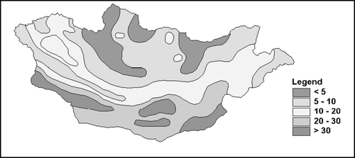 Figure 1.  Dust storm occurrence by number of days in Mongolia.