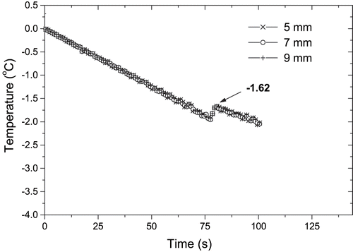 Figure 5 Freezing curves of mango pulps determined with different thermocouple positions. Sample volume of 0.7 ml.