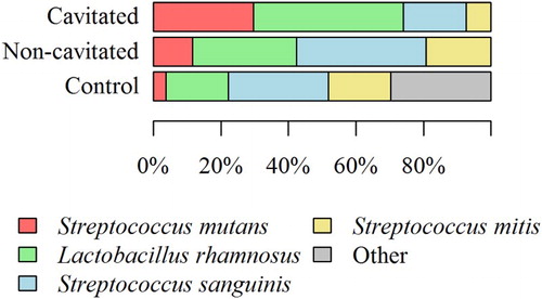 Figure 3. The percentage share of individual bacterial strains isolated from saliva of children with cavitated ECC, non-cavitated ECC, and children without symptoms of the disease.