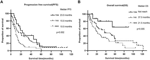 Figure 4 The survival outcomes in different groups. (A) The median PFS and their differences among the three groups; (B) the median OS and their differences among the three groups.