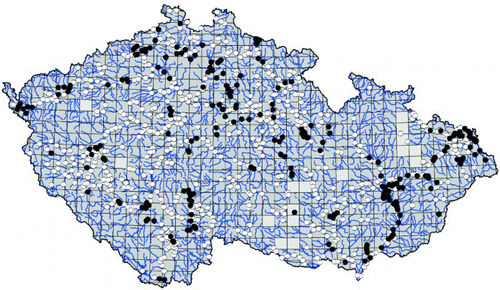 Figure 1. Distribution of wetland sites investigated in 1982–85 (solid circles) and investigated in other years between 1966 and 2013 (open circles) in the Czech Republic. The grid of squares represents squares used by AWB (12 km × 11.1 km in size). Grey squares were not investigated.