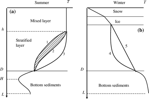 Fig. 1. The scheme of the vertical temperature distribution in the system ‘snow – ice – water – bottom sediments’ realized in the model FLake: (a) open water case; (b) ice-covered period.