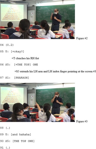 Figure 2 & 3. T points at the students, palm facing students, extending RH fingers, extending RH arm. S5 extends his LH arm and LH index finger pointing at the screen.