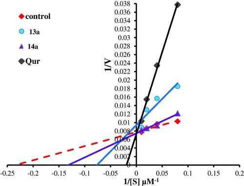 Figure 13. Lineweaver–Burk double-reciprocal plot for PIM kinase inhibition by 13a and 14a in comparison with quercetin as reference inhibitor.