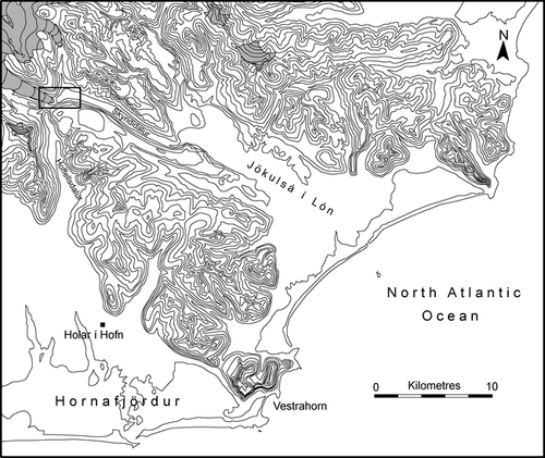 FIGURE 2. Topographic map of the Hornafjördur district, southeast Iceland. Contours are at 100-m vertical intervals. The area within the small rectangle is shown in detail in Figure 4. The location of the weather station at Holar í Hofn is also shown