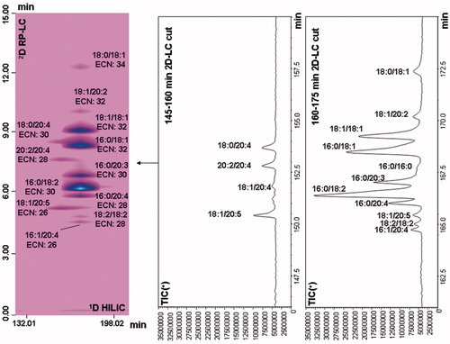Figure 7. Enlargement of the HILIC × RPLC-MS contour plot of the glycerophosphatidylcholine molecular species of plasma (left), along with the corresponding 2D raw data (right). The 1D separation was carried out on an Ascentis Express HILIC column (150 × 2.1 mm, 2.7 µm) with a gradient elution using mobile phase composed of acetonitrile/10-mM aqueous ammonium formate (90/10) and acetonitrile/methanol/10-mM aqueous ammonium formate (55:35:10). The 2D separation was carried out on an Ascentis Express C18 column (150 × 4.6 mm, 2.7 µm) with a gradient elution using mobile phase composed of isopropanol/10-mM ammonium formate/tetrahydrofuran (55:30:15) and acetonitrile. Reprinted with permission from [Citation106].