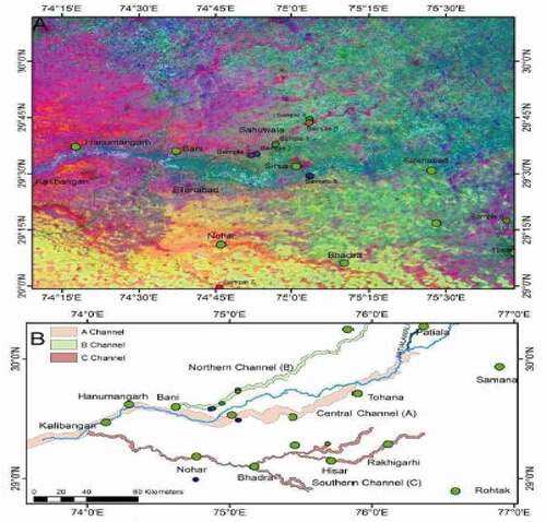 Figure 1. (A) Principal Component Analysis (PCA) map of the area between Hisar and Kalibangan, highlighting the palaeochannels. (B) Three major palaeochannels under discussion in the paper, as mapped from PCA at A. These are the northern (marked in green), the central (reddish brown), and the southern (red) palaeochannels. (Mehdi et al., Citation2016)