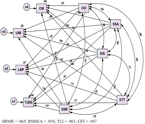 Figure 2. A structural equation model of the joint prediction of CO, SSA, SIA, STT and SSR on TJEG, LNP, UIM and CM