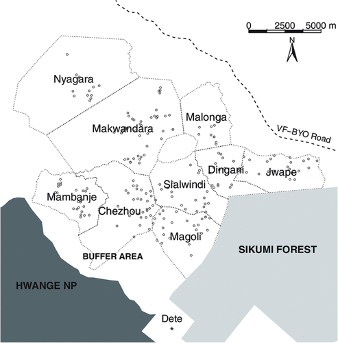 Figure 1. Map showing location of Hwange District. The dark and grey areas indicate the protected areas Hwange National Park and Sikumi Forest. Note that the grey circles in the map represent houses in the named areas.