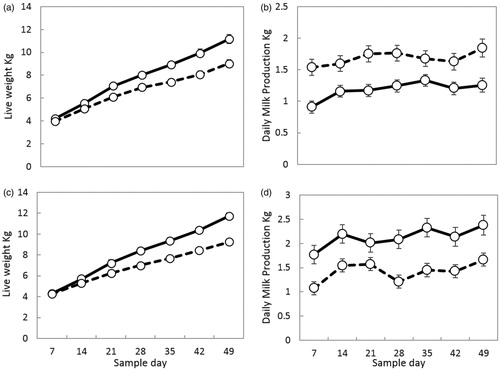 Figure 2. Lamb pre-weaning live weight and ewe daily milk production in Pelibuey (a, b, respectively) and Katahdin (c, d, respectively) breeds by litter size (single: continuous line, double: discontinuous line).