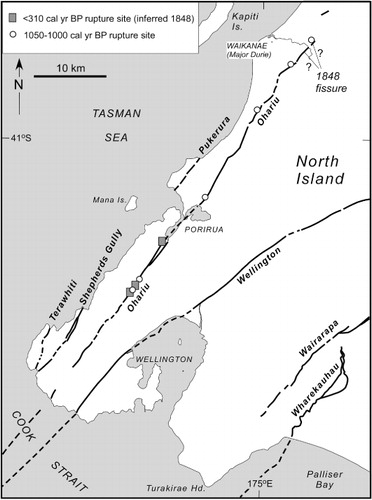 Figure 4 Map showing surface trace of the Ohariu Fault, southwest North Island with inferred location of 1848 hill slope fissure reported by the Reverend Richard Taylor in November 1848, locations of rupture sites along the Ohariu Fault dated at <310 cal yr BP and inferred to be one of the 1848 earthquakes and sites of penultimate rupturing at c. 1000 cal yr BP (see text).