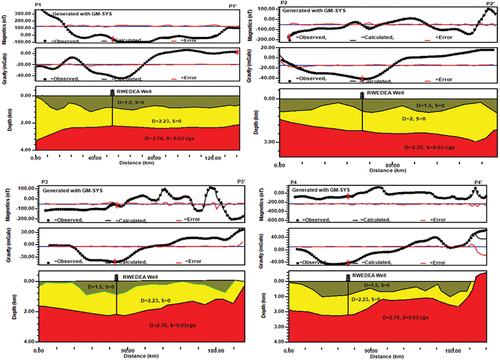 Figure 6. 2D aeromagnetic and gravity modelling from “P1-P1” to “P4-P4”.