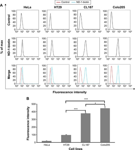 Figure 4 LEA expression in various cell lines using FCM.Notes: (A) FCM assay. The cells were resuspended in PBS and incubated with ND-1-biotin followed by QD605-SA and subjected to FCM. A blank control was performed by replacing ND-1-biotin with PBS. (B) Graphic representation of mean fluorescence intensity by FCM. Each experiment was performed in triplicate. Data were presented as the mean ± standard deviation. *P<0.05, ***P<0.001.Abbreviations: LEA, large external antigen; FCM, flow cytometry; QD605-SA, quantum dot-conjugated streptavidin with a 605 nm emission wavelength; PBS, phosphate-buffered saline.