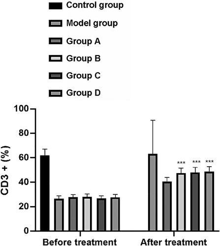 Figure 3. Changes of CD3+. After treatment, CD3+ in model group, group A, group B, group C and group D was significantly increased. Among them, the up-regulation of group A was significantly larger than that of model group, while the up-regulation of group B, group C and group D was significantly larger than that of group A (P < 0.001). Group A, group B, group C and group D were compare with the model group. ***means P < 0.001.