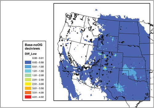 Figure 5. Modeled contribution of emissions associated with oil and gas production activity to visibility on the 20% clearest days. National parks and Class I areas are outlined in black.