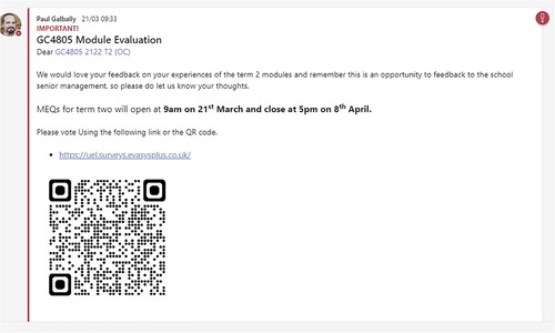 Figure 2. Example of requesting student feedback on a recently attended module hosted through the MS Teams specific module team.