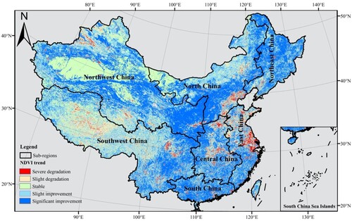 Figure 7. Spatial distribution of the 20-year NDVI trend over China. Five trend levels were displayed with different colors.