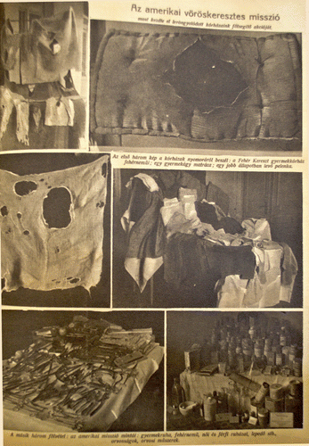 Figure 3. ‘Mission of the American Red Cross. Help starts for hospitals in poor condition’. The upper caption reads: ‘The first three pictures reveal how poor the hospitals are: underwear currently in use at the White Cross Children’s Hospital; a children’s mattress; a diaper in a ragged state’. The lower caption announces: ‘Newly arrived samples from the American Red Cross: children’s clothes; underwear; women’s and men’s clothes; blankets; medicines, and medical instruments’. Source: ‘Az amerikai vöröskeresztes misszió’ [The mission of the American Red Cross], Érdekes Ujság 7, no. 42, 12 November 1919, 21.
