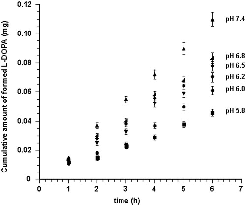 Figure 1. Amount of l-DOPA formed by hydrolysis of LDME versus time in buffered solutions at pH 7.4 (▴), pH 6.8 Display full size pH 6.5 (♦), pH 6.2 (▾), pH 6.0 (•) and pH 5.8 (▪) at 37 ± 0.2 °C. Data are presented as mean ± SD (n = 6).