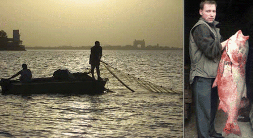 Figure 3. Left: Russian fisheries biologists setting a net on the Tsimljansky Reservoir; Right: Dmitry A. Vekhov with invasive Silver Carp Hypophthalmichthys molitrix caught in Tsimljansky Reservoir. Photo credits: Dmitry A. Vekho.