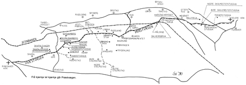 Figure 3. Map over the grend along Præstvægen, with Prøysenstua. Map: Prøysens venner, 14–15. GIS-application: NIKU.